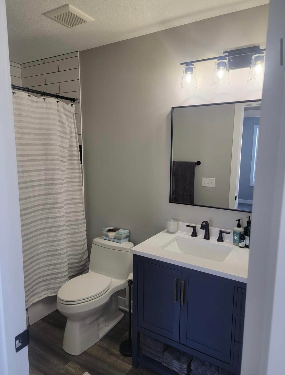 Compact guest bathroom with navy vanity and modern lighting in a Nowthen, MN home by Willet Remodeling and Construction.