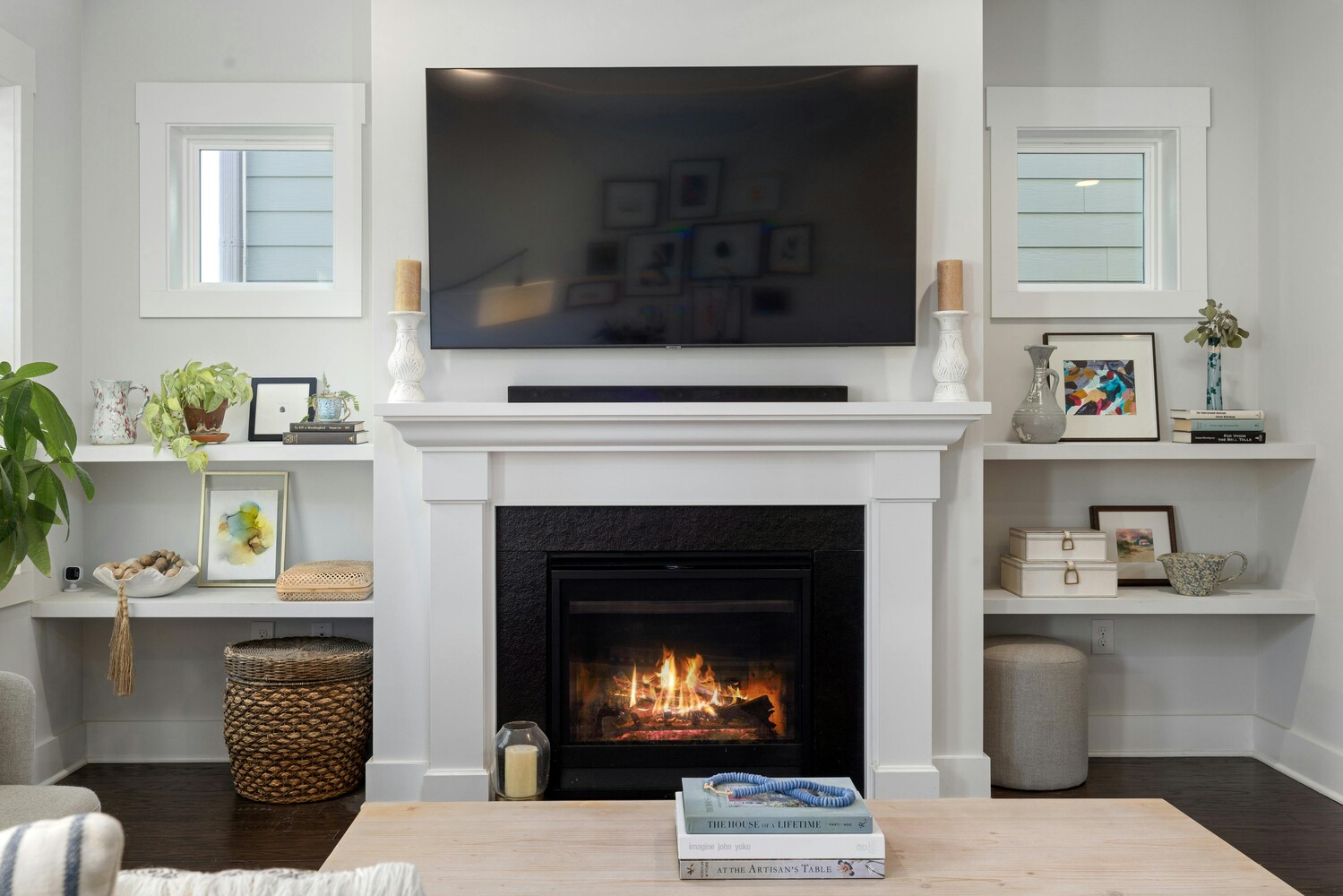 Stock Photo of Family room with fireplace and built-ins in a custom Martin Lake, MN home.