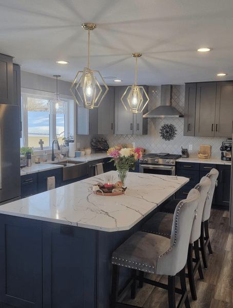 Kitchen island featuring natural materials and pendent lighting over bar seating
