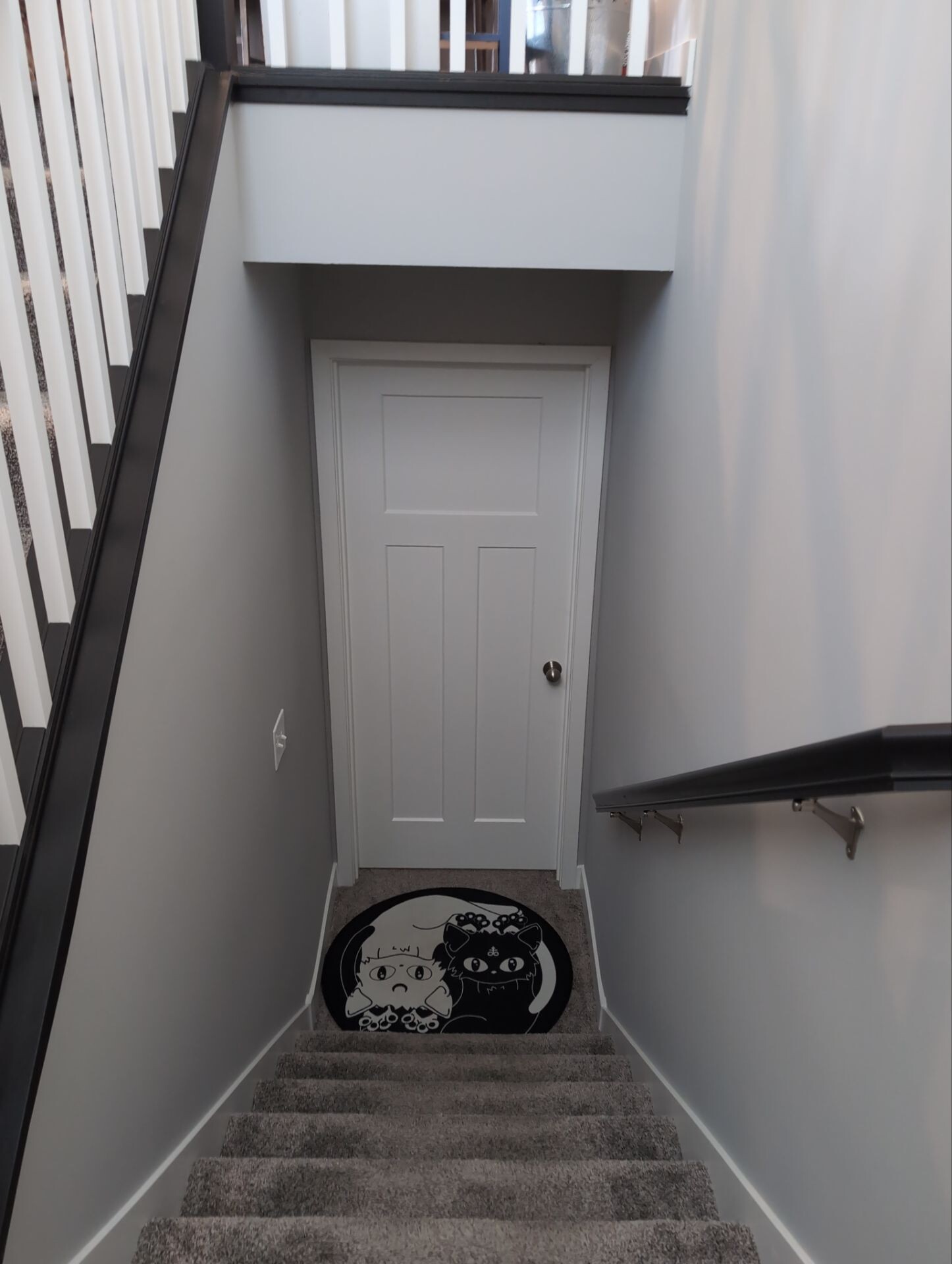Carpeted basement stairway with custom white railing in a Minneapolis, MN home by Willet Remodeling and Construction.